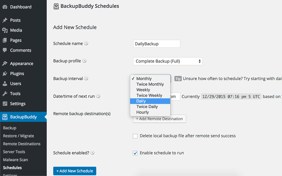 BackupBuddy schedules