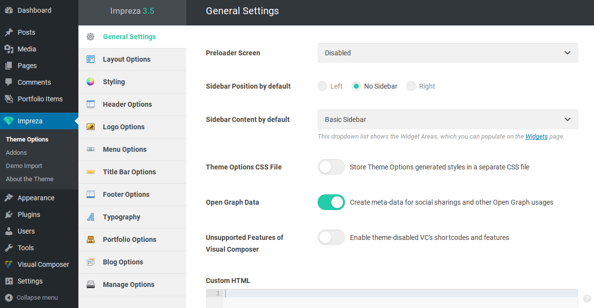 Impreza Review - theme options