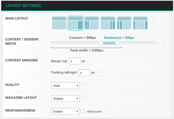 Nirvana page layout settings