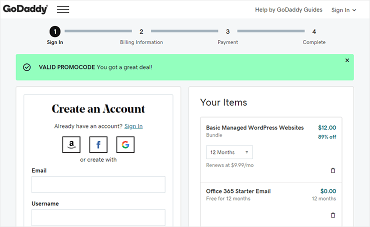 create your godaddy account