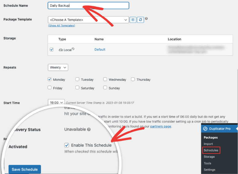 create backup schedule in duplicator