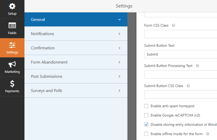 general settings login form