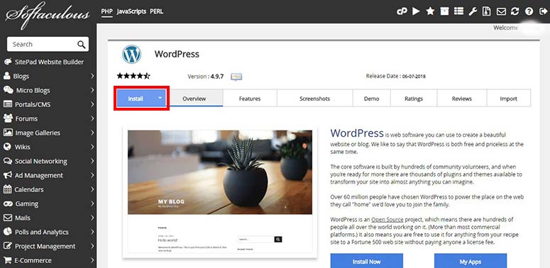Install WordPress from Softaculous