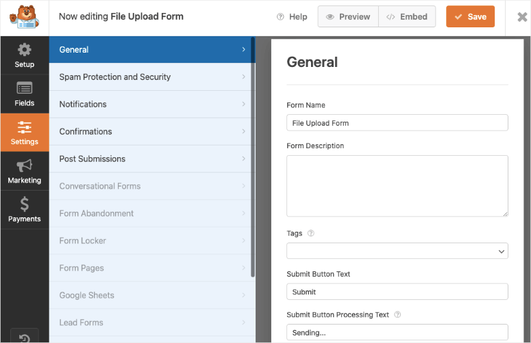 WPForms settings