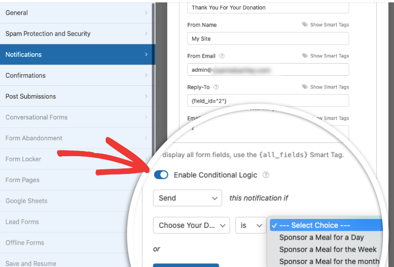 enable conditional logic in donation form