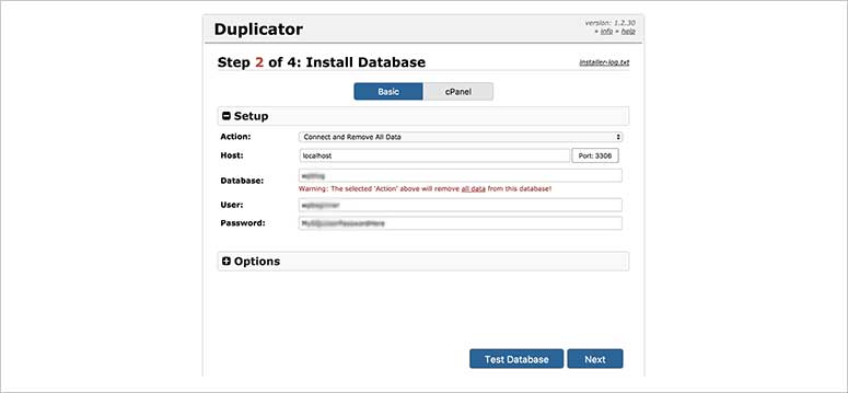 Enter database information