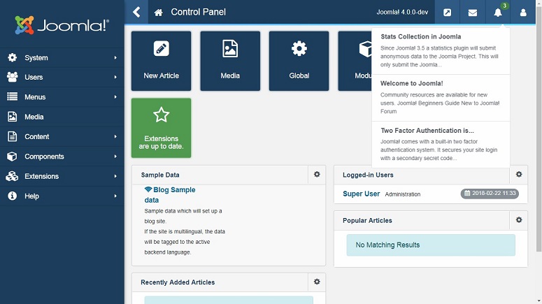 Joomla dashboard