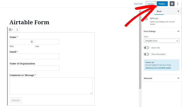 Publish form, WPForm