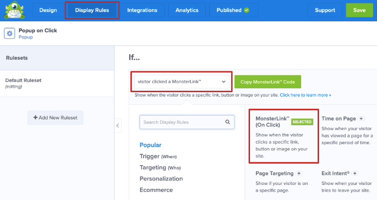 Display rules MonsterLink on click