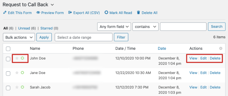 Form entries in wpforms