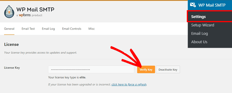 WP Mail SMTP license settings