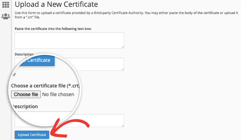 upload a new ssl certificate in cpanel