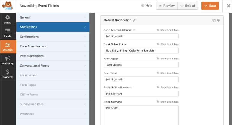 default notification in wpforms