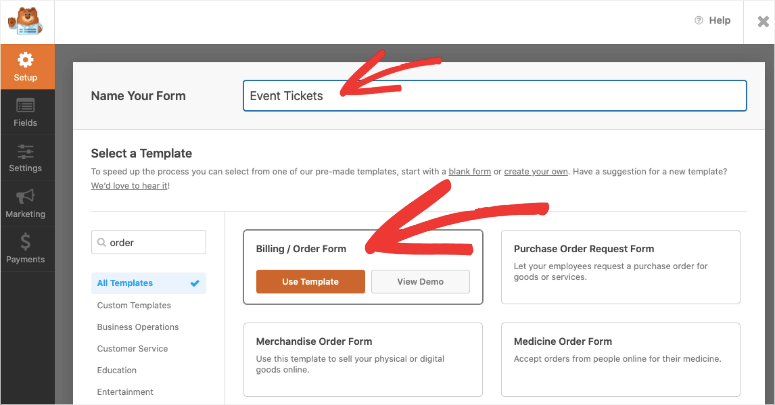 name order and billing form