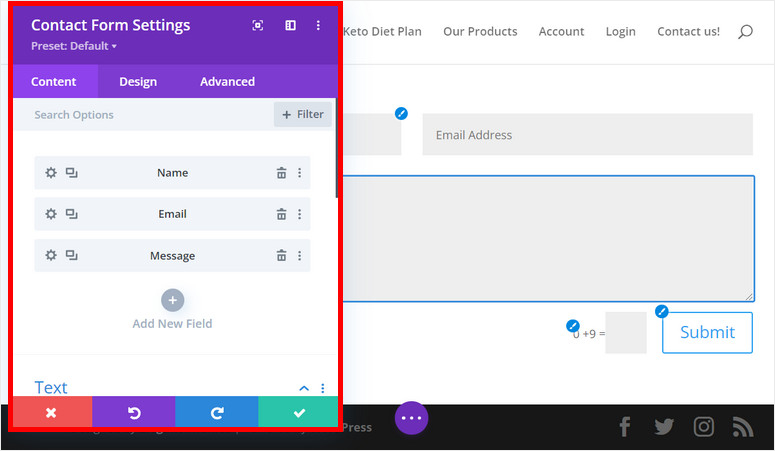 divi contact form editor