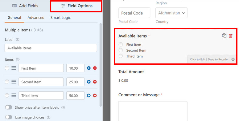 edit available fields