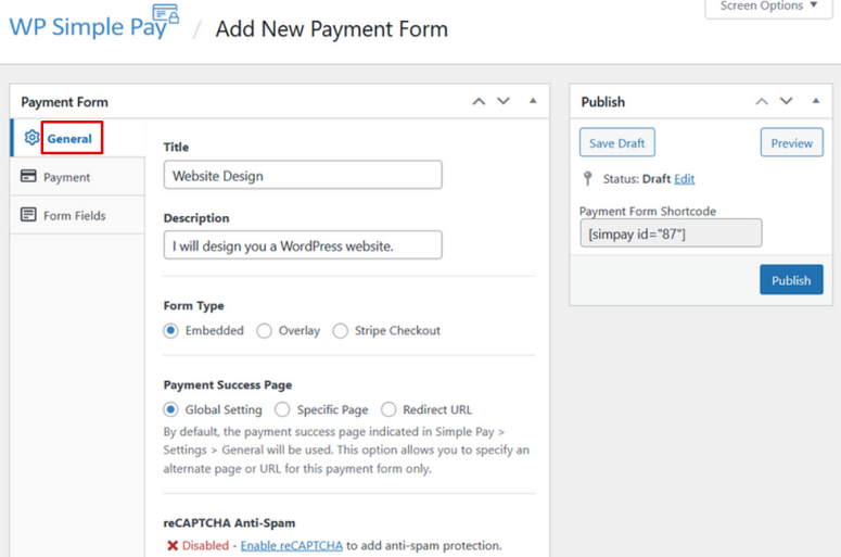 start creating your form by choosing general settings