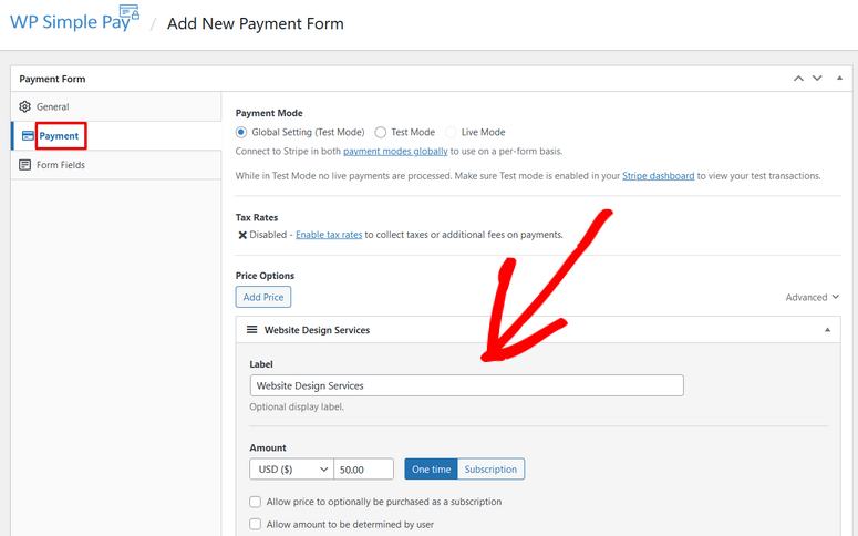 set price options for your stripe payment form