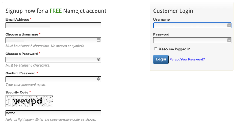 Sign up for NameJet account