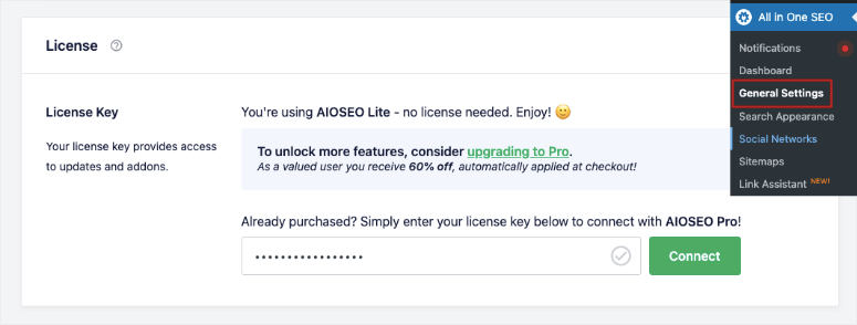 aioseo add license key in wordpress