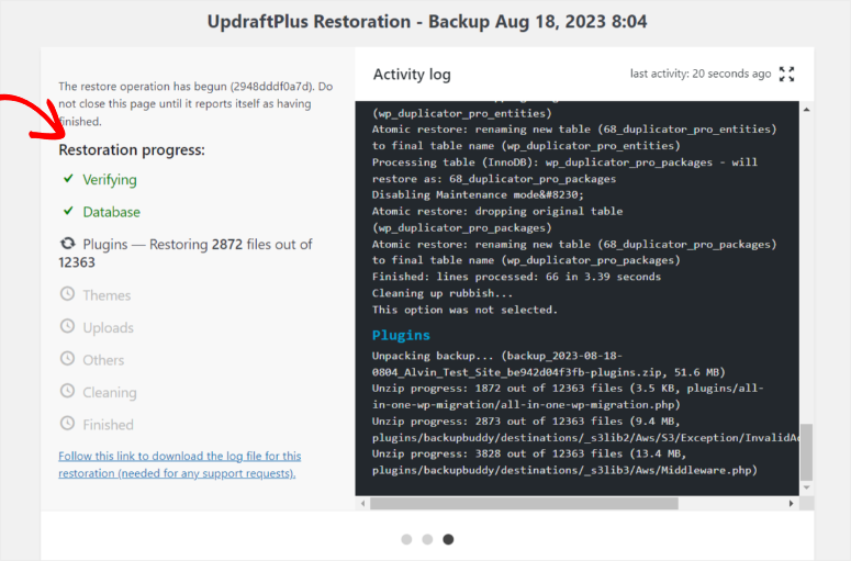 updraftplus restoration wizard