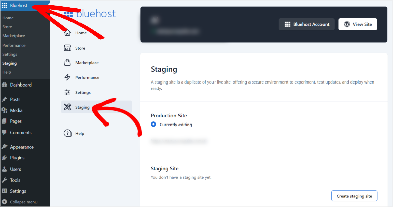 bluehost live staging setup