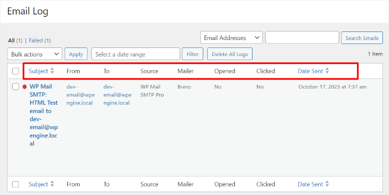 wp mail smtp email log