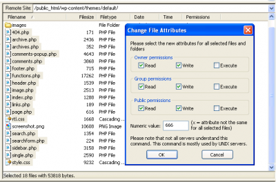 WordPress FTP Change File Attributes