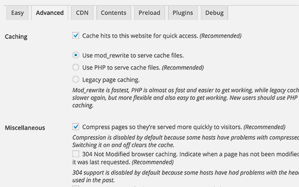 Turning on compression with WP Super Cache