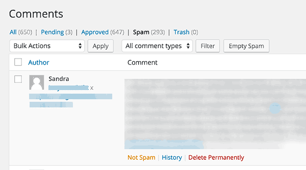 Comments marked spam by Akismet