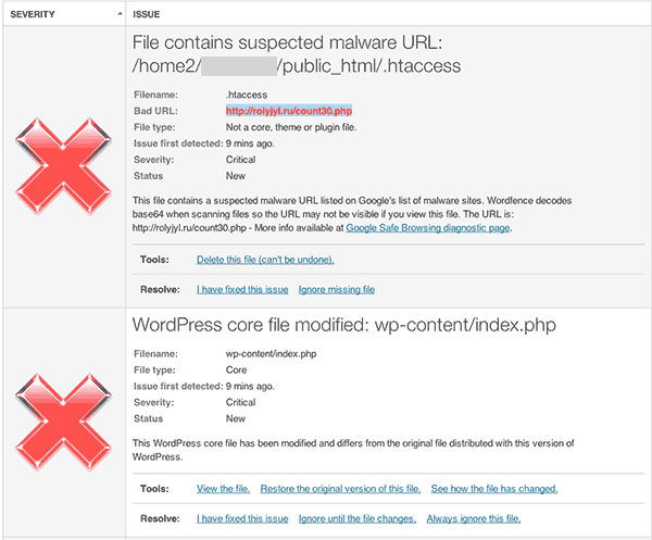 WordFence Security scan results