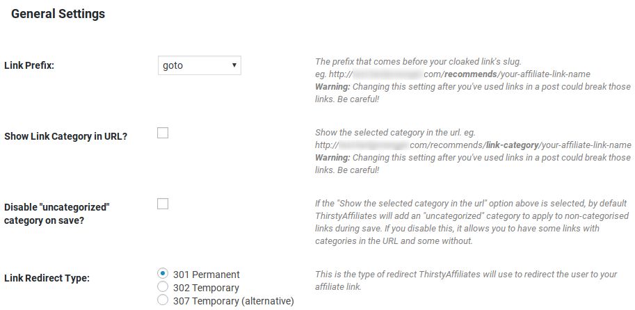 ThirstyAffiliates Review - settings