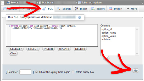 run sql to move local wordpress site to live server