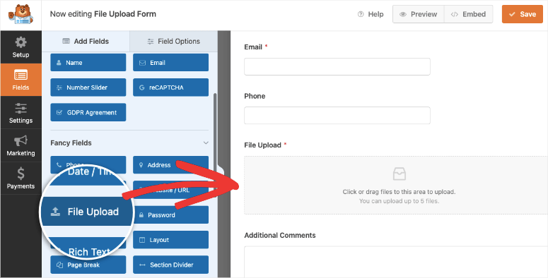 file upload form field in WPForms