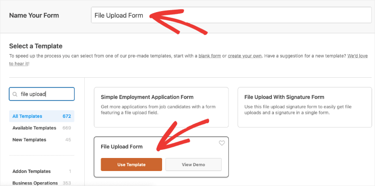 WPForms file upload form template