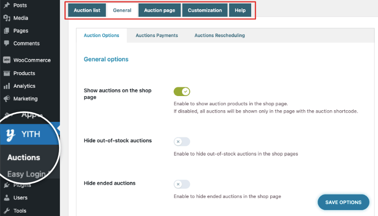 yith auction configure settings