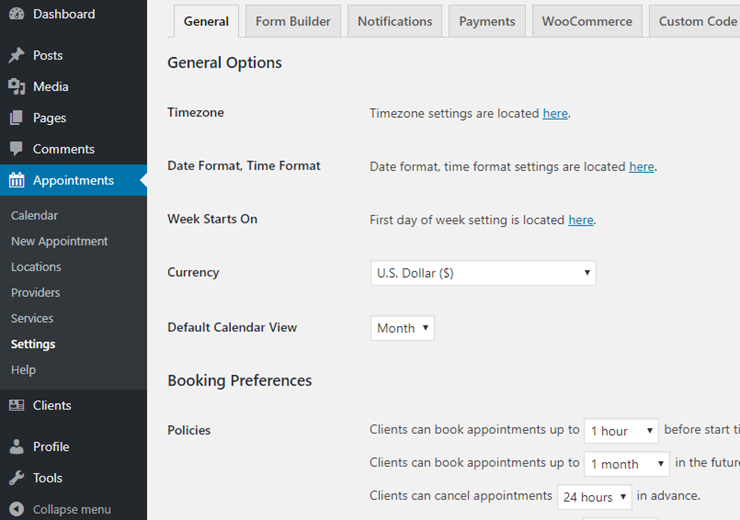 general settings- appointment booking