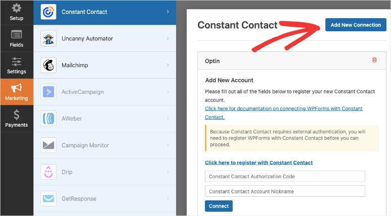 add new connection in wpforms