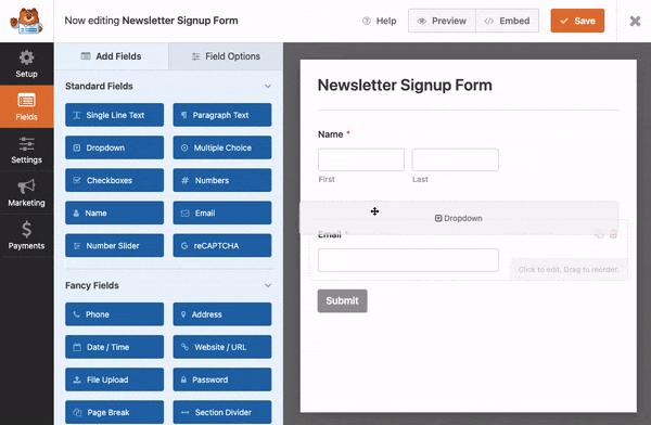 drag and drop in wpforms