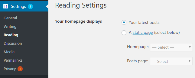 homepage settings in wordpress