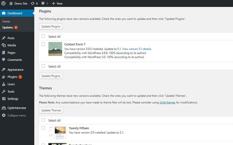 Updates page on WordPress dashboard