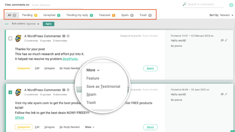 WordPress comments dashboard in thrive