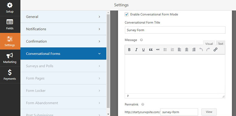 Conversational form settings