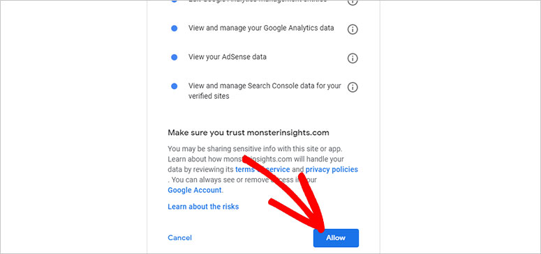 Allow MonsterInsights connect with Google Analytics