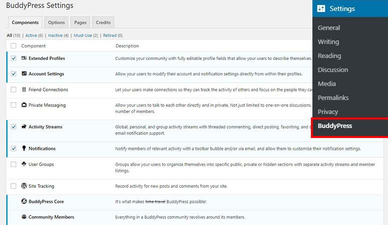 BuddyPress settings