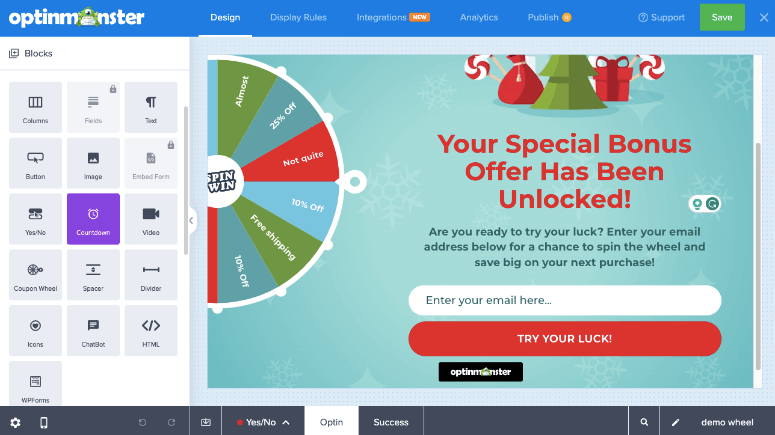 coupon wheel in optinmonster builder