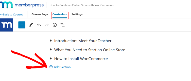 add sections to course curriculum memberpress