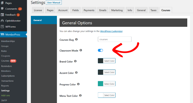 turn classroom mode on and customize your course