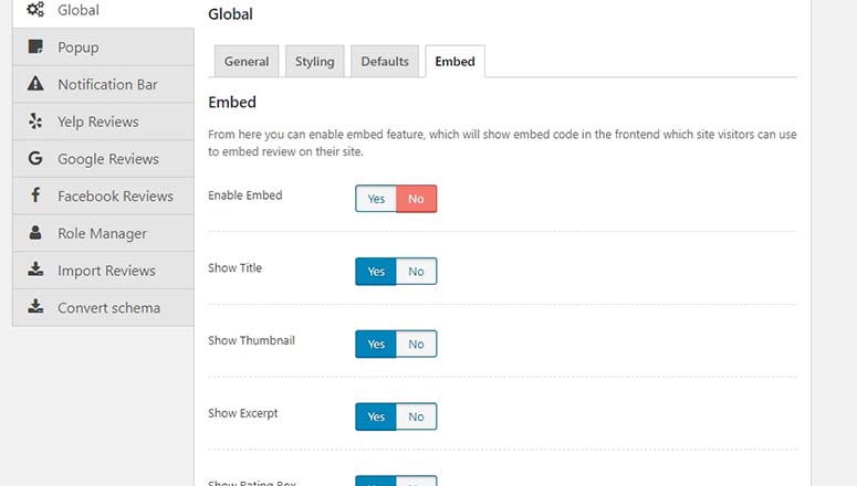 Embed Review Settings