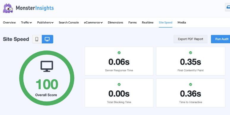 site speed report in monsterinsights